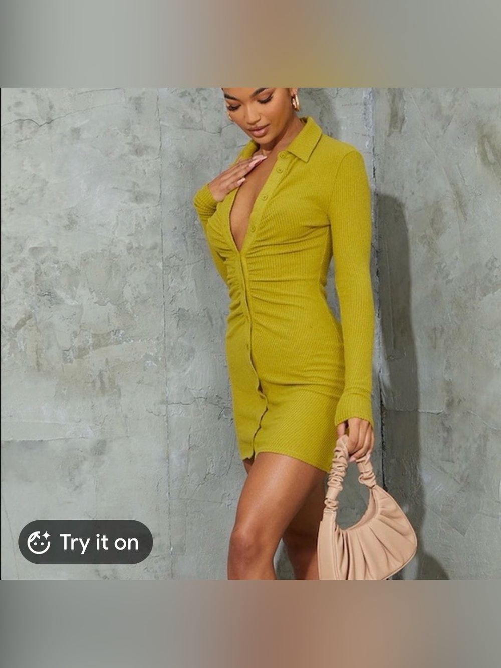 Ribbed Button-Front Long Sleeve Mini Dress in Chartreuse